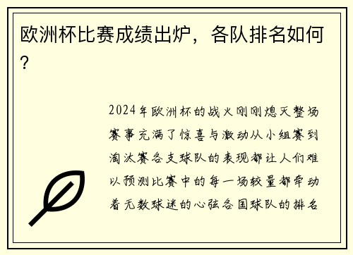 欧洲杯比赛成绩出炉，各队排名如何？